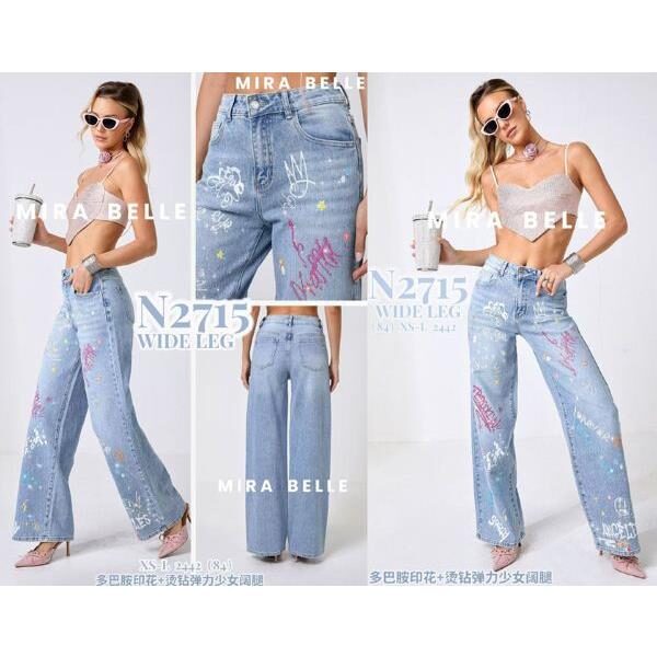 26808 2200000099020 N2715 abbigliamento donna jeans a palazzo con scritti e strass size:xs-l