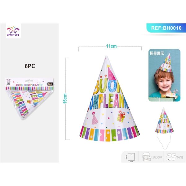 28653 8058617527603 BH0010 cappellino in carta buon compleanno 6pz