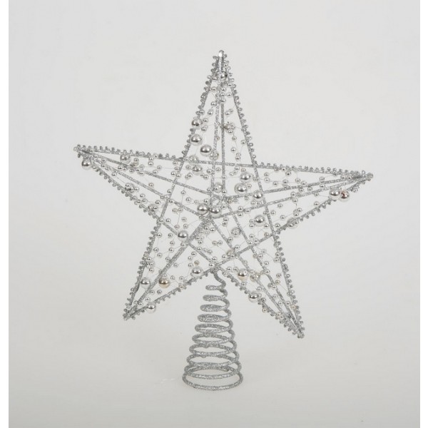 33660 8019959637054 PU-63705 puntale per albero di natale stella con perline cm.23x28,5h glitter argento