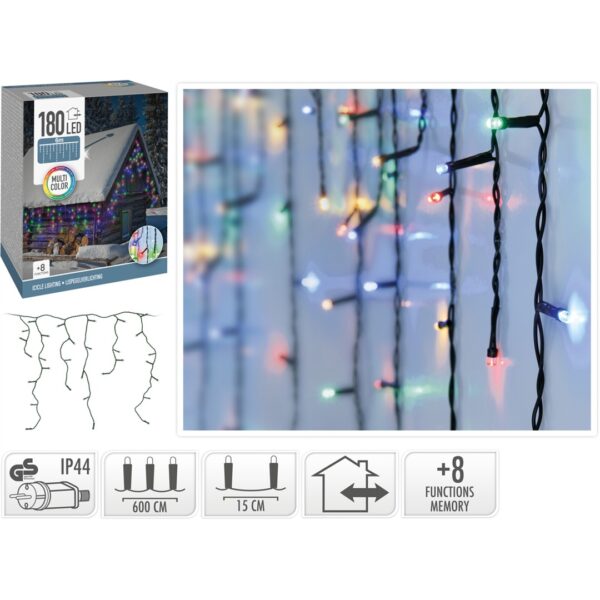 34790 8719202260113 AX8406200 tenda luci di natale da esterno stalattiti 180 led cavo verde l6m x h15~52cm con spina ip44 cavo 3m 8 giochi multicolor