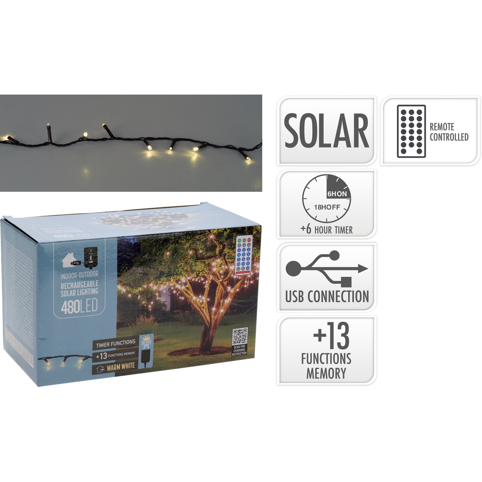 35188 8721037214476 AEX100110 catena aex luci di natale energia solare 480 led cavo verde 21,55m con cavo 3m bianco caldo con telecomando