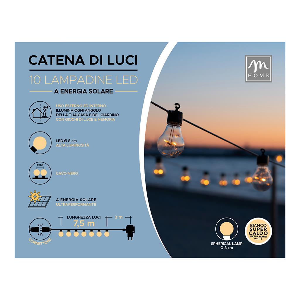 35653 8034052802376 02376 MERCURY CATENA LUCI LED ENERGIA SOLARE 10 LAMPADINE CON GIOCHI 10M BIANCO CALDO