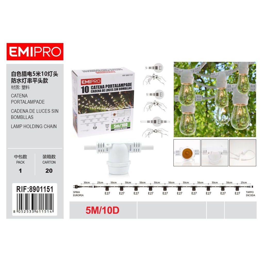 36876 8052533611514 8901151 EMI catena portalampade impermeabile 5mt bianca prolungabile