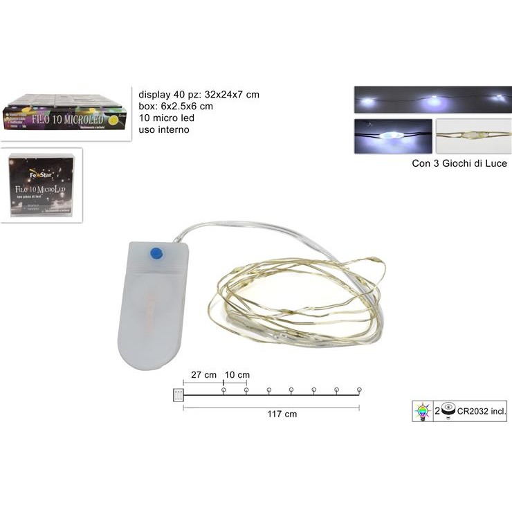 37987 8053482092836 AL005941 filo micro led a batteria da interno 90cm bianco freddo 10 luci di natale cavo argento 3 giochi inclusa cr2032