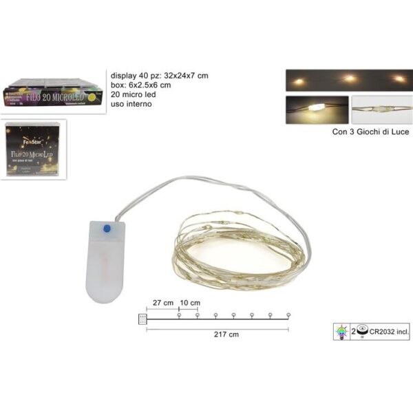 37988 8053482092935 AL005942A filo micro led a batteria da interno 190cm bianco caldo 20 luci di natale cavo argento 3 giochi inclusa cr2032
