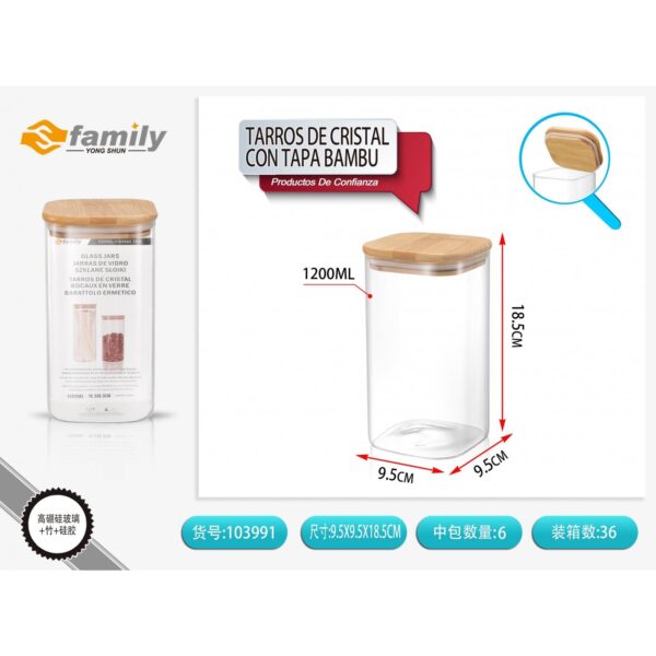 38455 8434581039913 103991 MI CONTENITORE IN VETRO CON COPERCHIO IN BAMBOO 1200ML CM.18,5 X 9,5