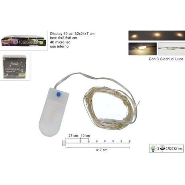 38774 8053482094472 AL005943A filo micro led a batteria da interno 390cm bianco caldo 40 luci di natale cavo argento con 3 giochi inclusa cr2032