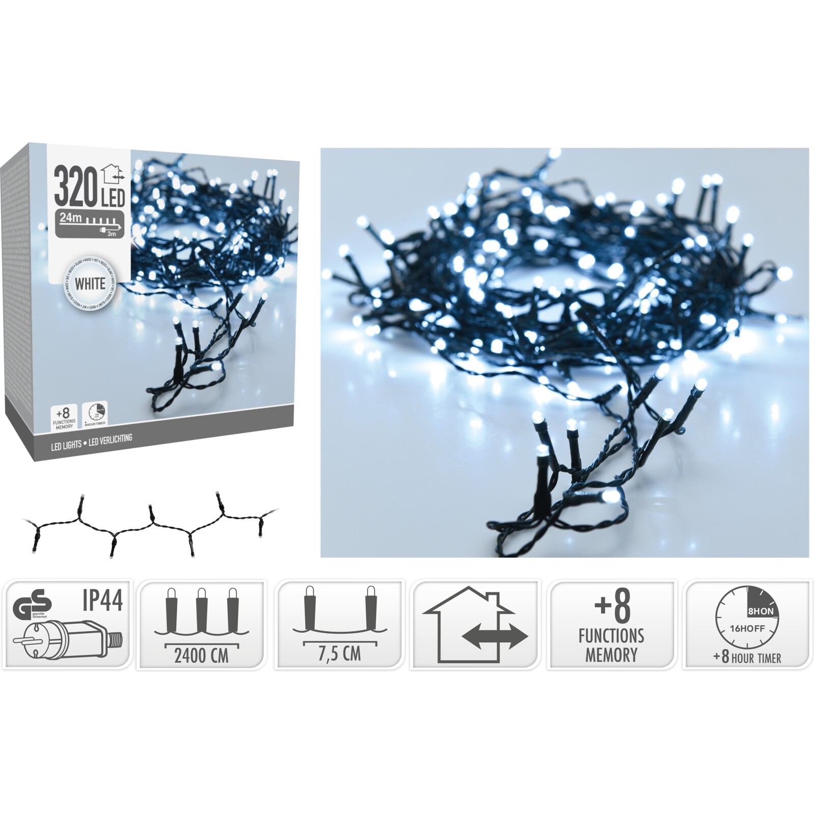 39588 8719202259612 AX8450150 catena led ax84 24m 320 luci di natale bianco freddo outdoor&indoor con spina ip44 cavo 5m verde 8 giochi