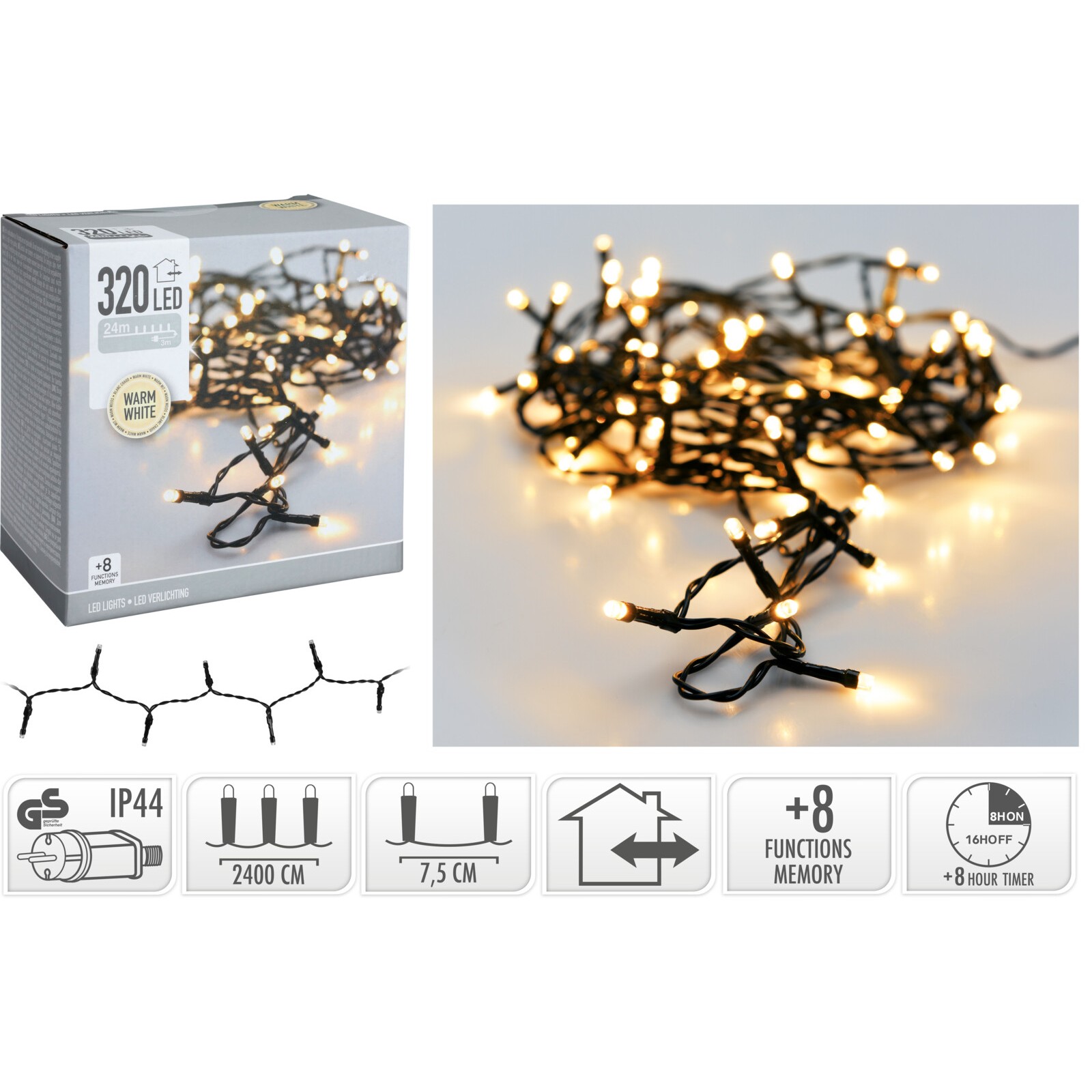 39589 8719202259698 AX8451150 catena led ax84 32m 320 luci di natale bianco caldo outdoor&indoor con spina ip44 cavo 5m verde 8 giochi