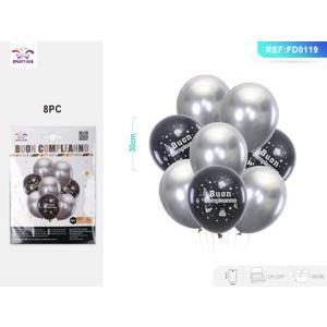 41069 8058617686195 FD0119 SET PALLONCINI BUON COMPLEANNO ARGENTO NERO 8PZ