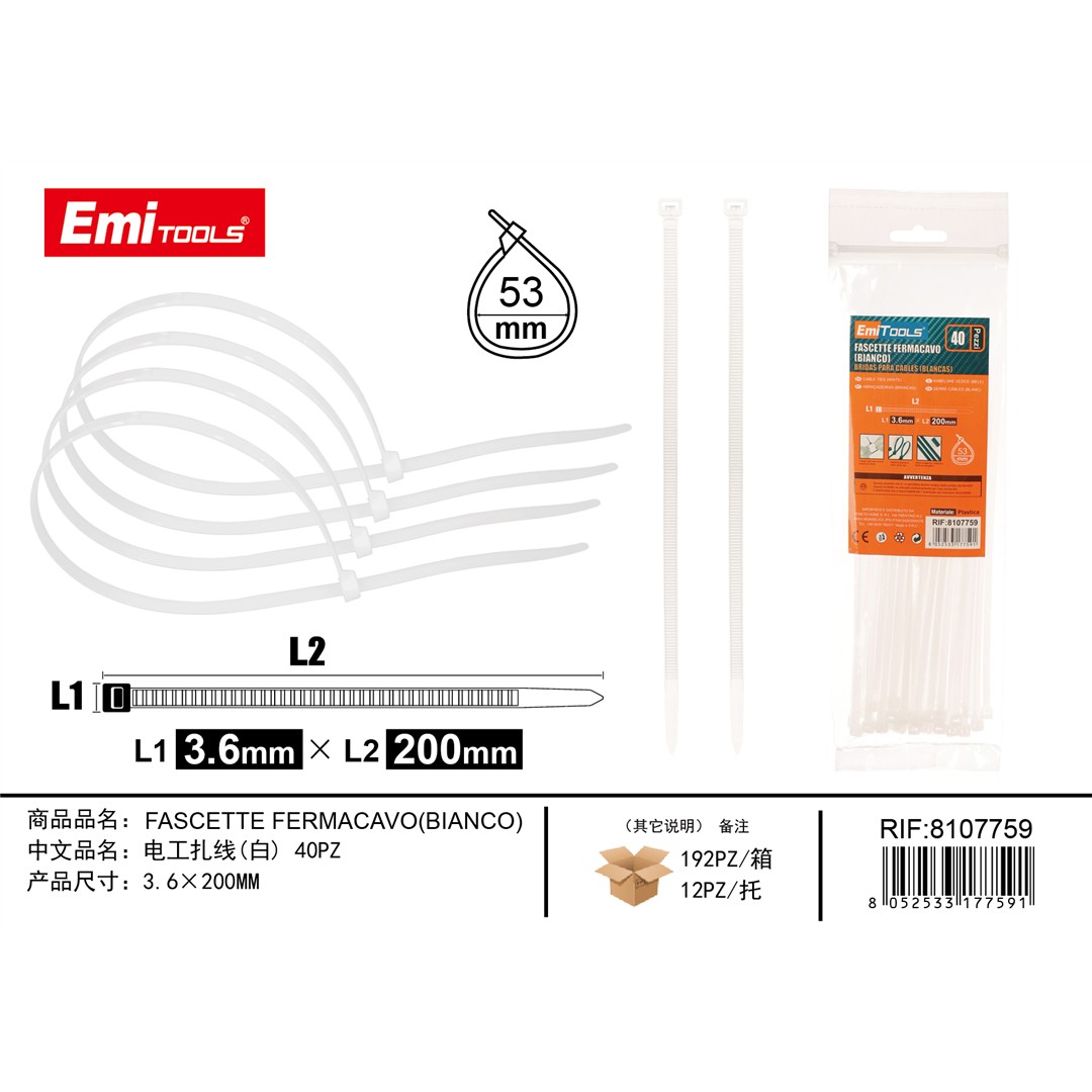 43732 8034139207629 FE20762 - 0123923 fascette nylon 200x4mm 40pz