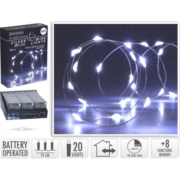 44719 8720573662505 AX9730700 filo micro led a batteria da esterno 95cm bianco freddo con timer 20 luci di natale cavo argento ip44 8 giochi