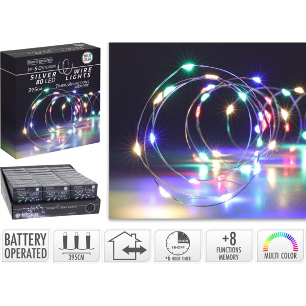 46234 8720573666435 AX9732720 filo micro led a batteria da esterno 395cm multicolor con timer 80 luci di natale cavo argento giochi