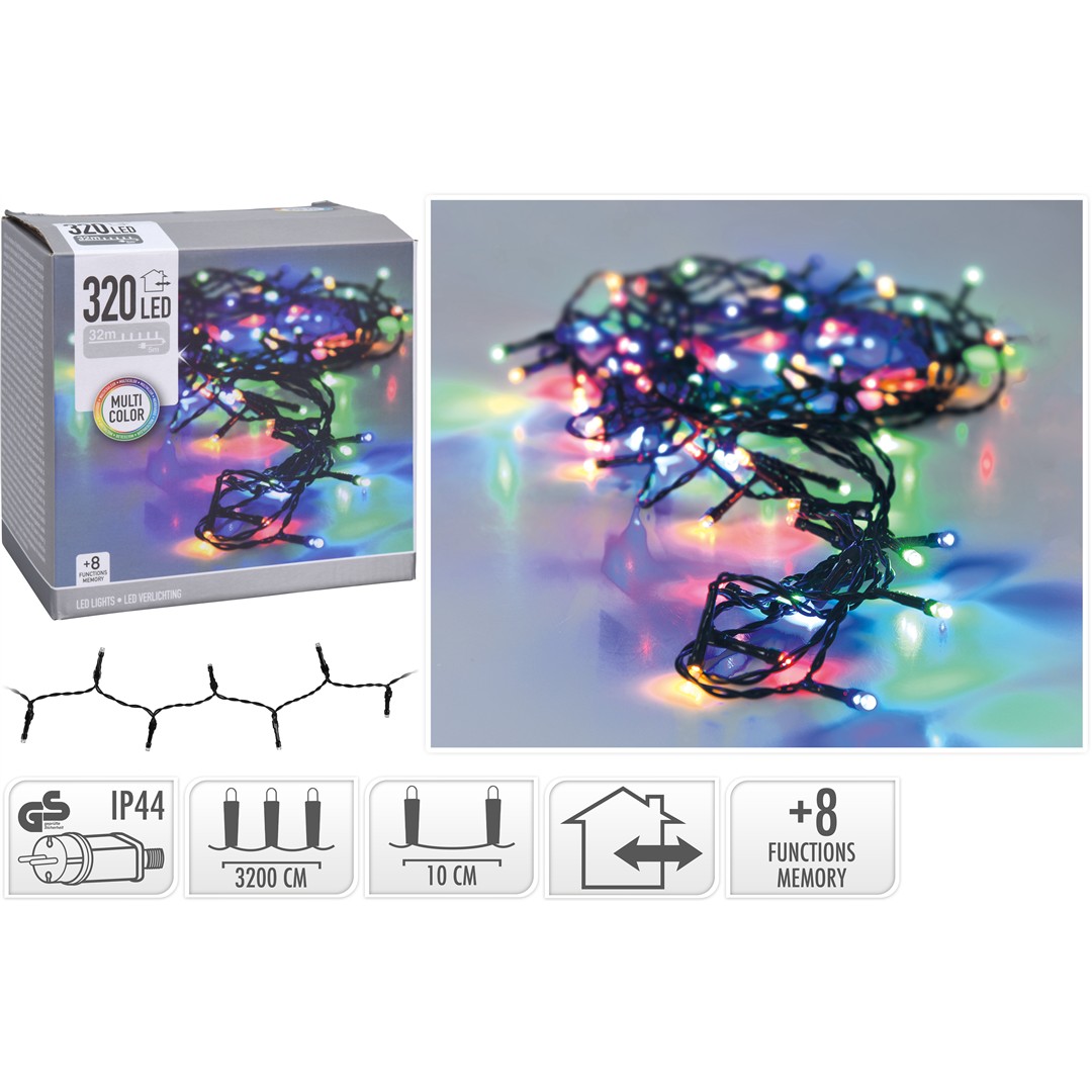 47100 8719202259773 AX8406050 catena led ax84 32m 320 luci di natale multicolor outdoor&indoor con spina ip44 cavo 5m verde 8 giochi