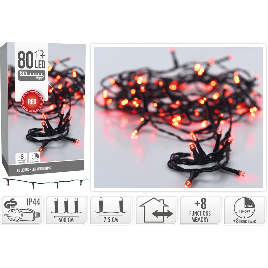 47168 8719202259797 AX8454310 catena led ax84 6m 80 luci di natale rosso outdoor&indoor con spina ip44 cavo 5m verde 8 giochi