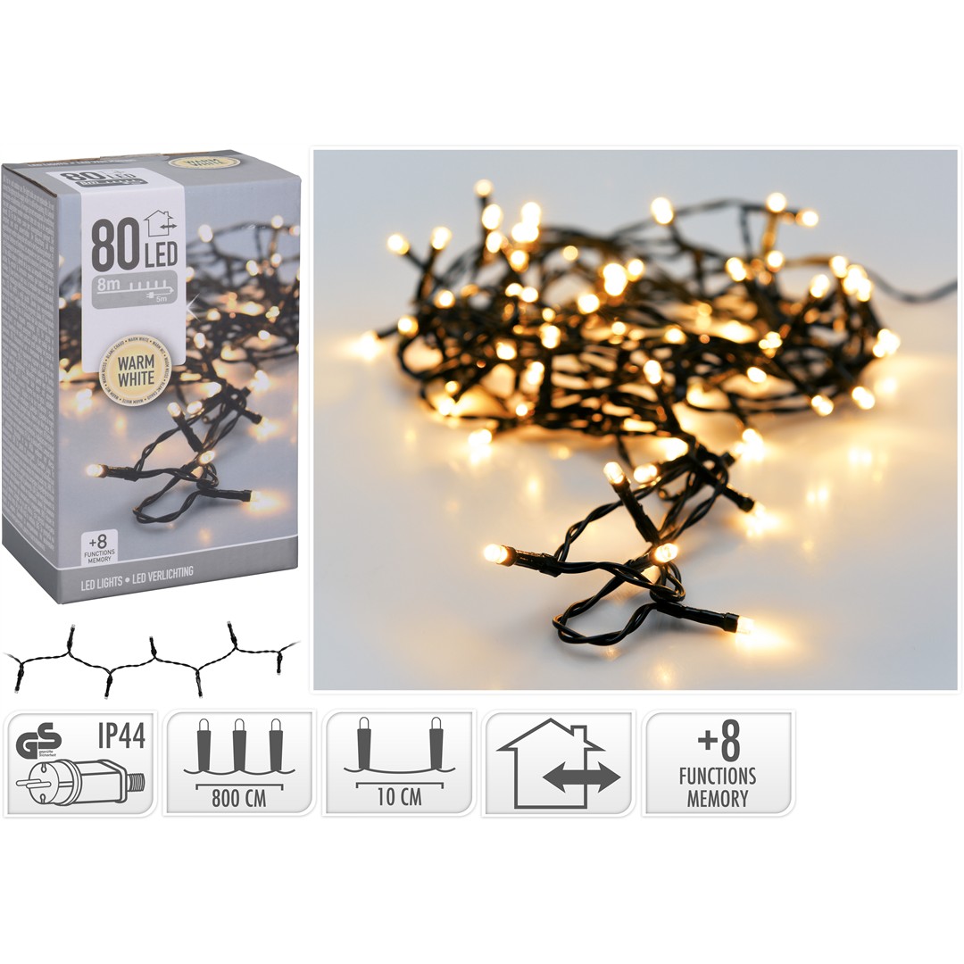 47187 8719202259650 AX8405510 catena led ax84 8m 80 luci di natale bianco caldo outdoor&indoor con spina ip44 cavo 5m verde 8 giochi