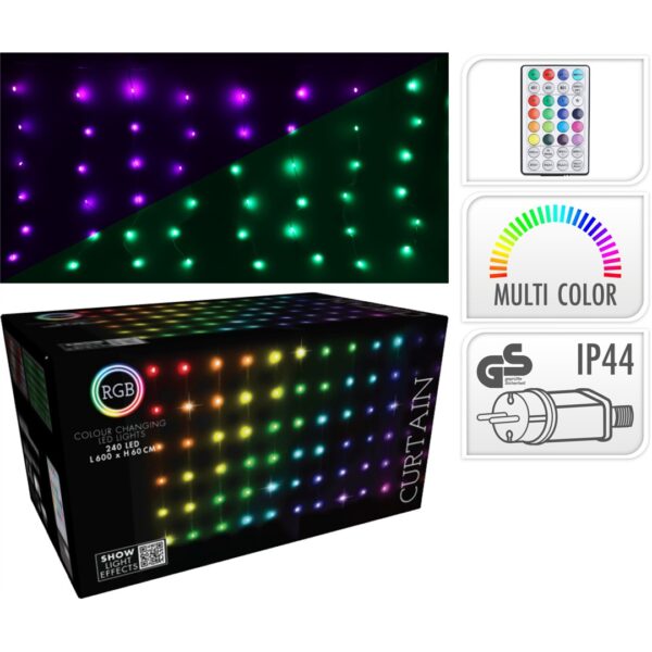 47189 8721037231923 AGB000270 tenda luci di natale da esterno 240 led cavo trasparente multicolor l6m x h60cm con spina ip44 cavo 5m con telecomando