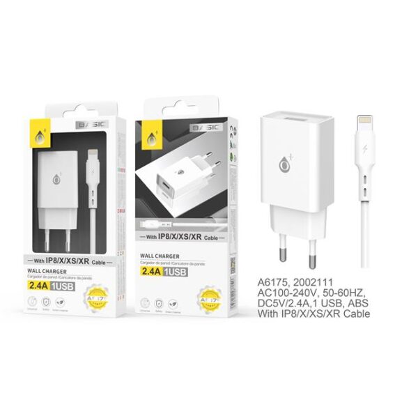 50423 8944870161756 2002111 ONE CARICABATTERIA PER CELLULARE 220V OUTPUT USB 2.4A CON CAVO IPHONE LIGHTNING COLOR BIANCO