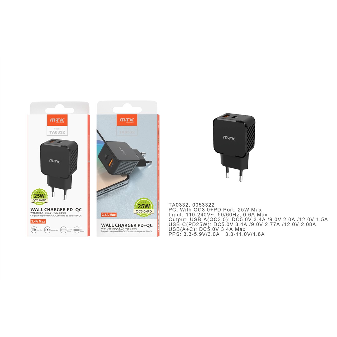 51171 8435606757331 0053322 caricatore per cellulare 220w ingresso type-c usb 25w 3,4a ta0332