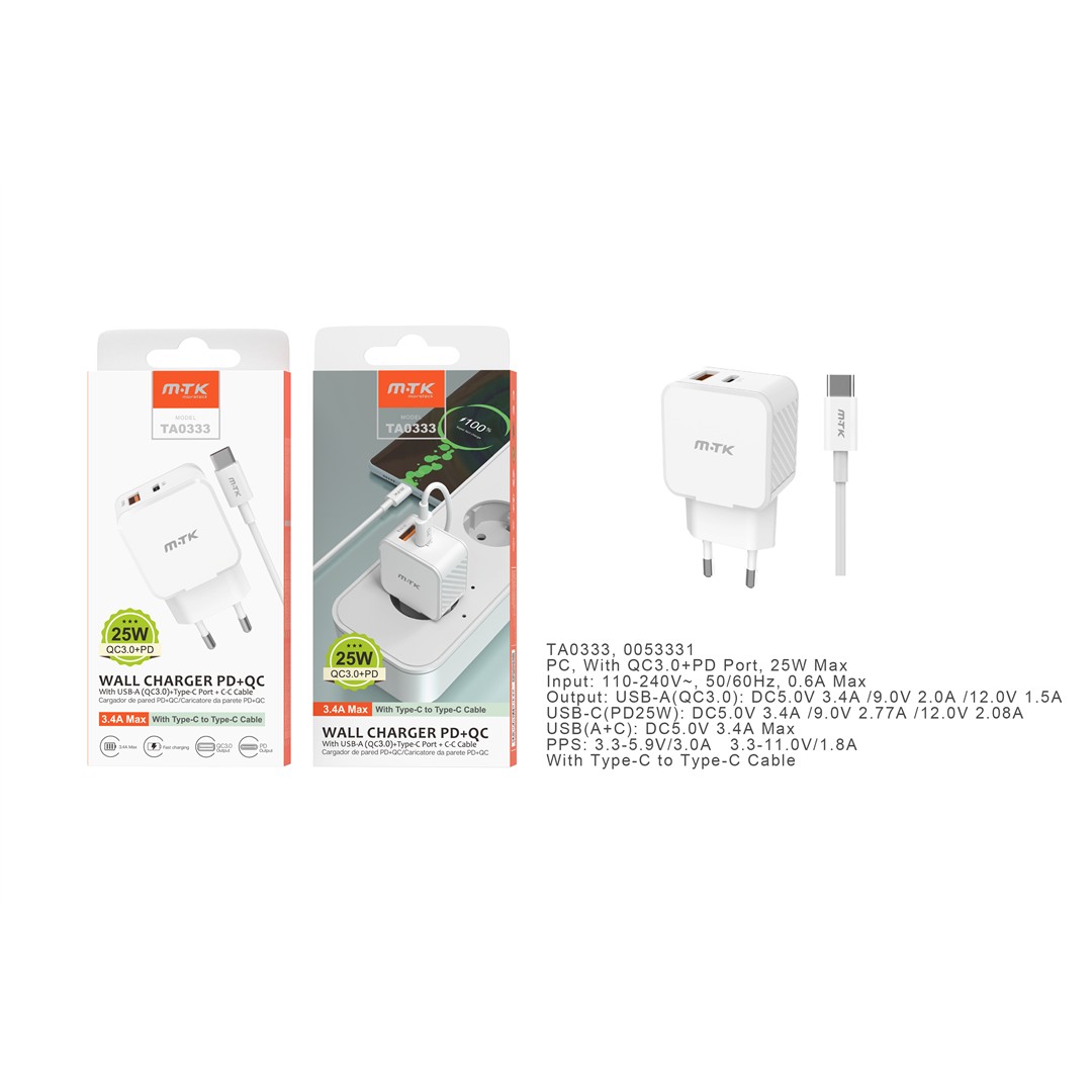 51174 8435606757348 0053331 caricatore per cellulare 220v con cavo type-c 25w 3,4a ta0333