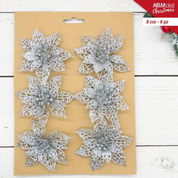 51452 8050767644025 HX959523 FIORE IN PLASTICA STELLA DI NATALE 8CM 6PZ SILVER