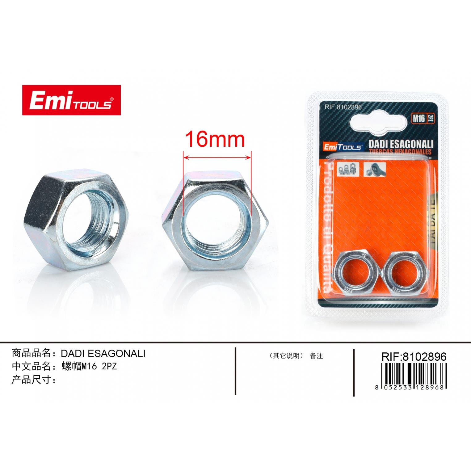 52970 8052533128968 8102896 EMI DADI ESAGONALI M16 2PZ