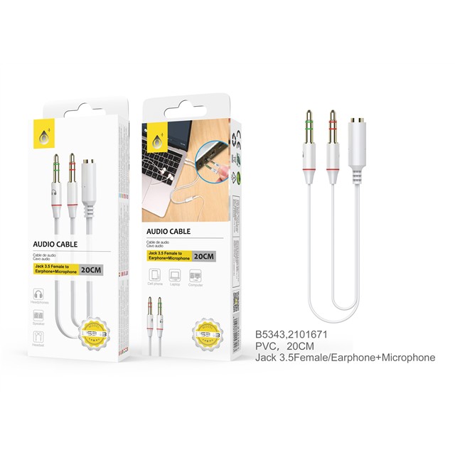 55378 8944870153430 2101671 - 1500115 cavo audio sdoppiatore jack 3,5 presa - 2 jack 3,5 spina 20cm 3poli
