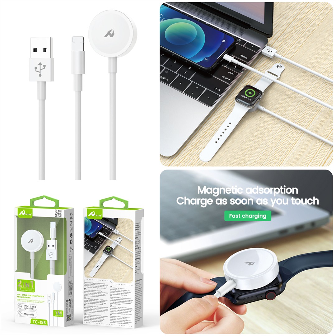 55550 8435644426824 1010614 cavo dati ricaricabatteria usb 2.0 a iphone lightning 1m output 2,0a & incorporato ricarica per apple watch