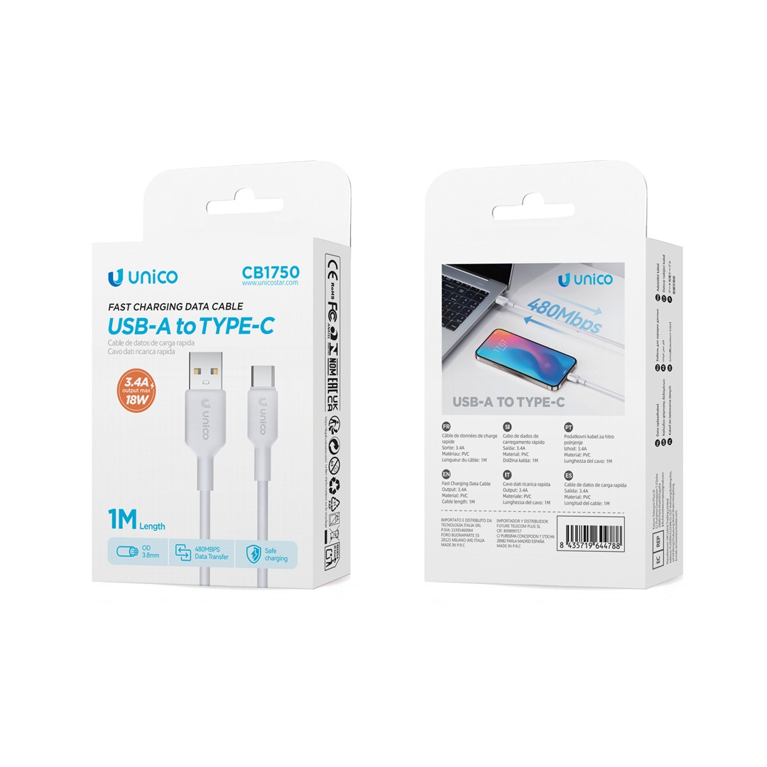 55988 8435719644788 CB1750 BIANCO cavo dati ricaricabatteria usb-a a type-c output 3.4a 1mt bianco