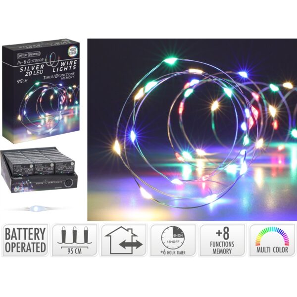 56594 8720573666398 AX9732700 filo micro led a batteria da esterno 95cm multicolor con timer 20 luci di natale cavo argento ip44 8 giochi
