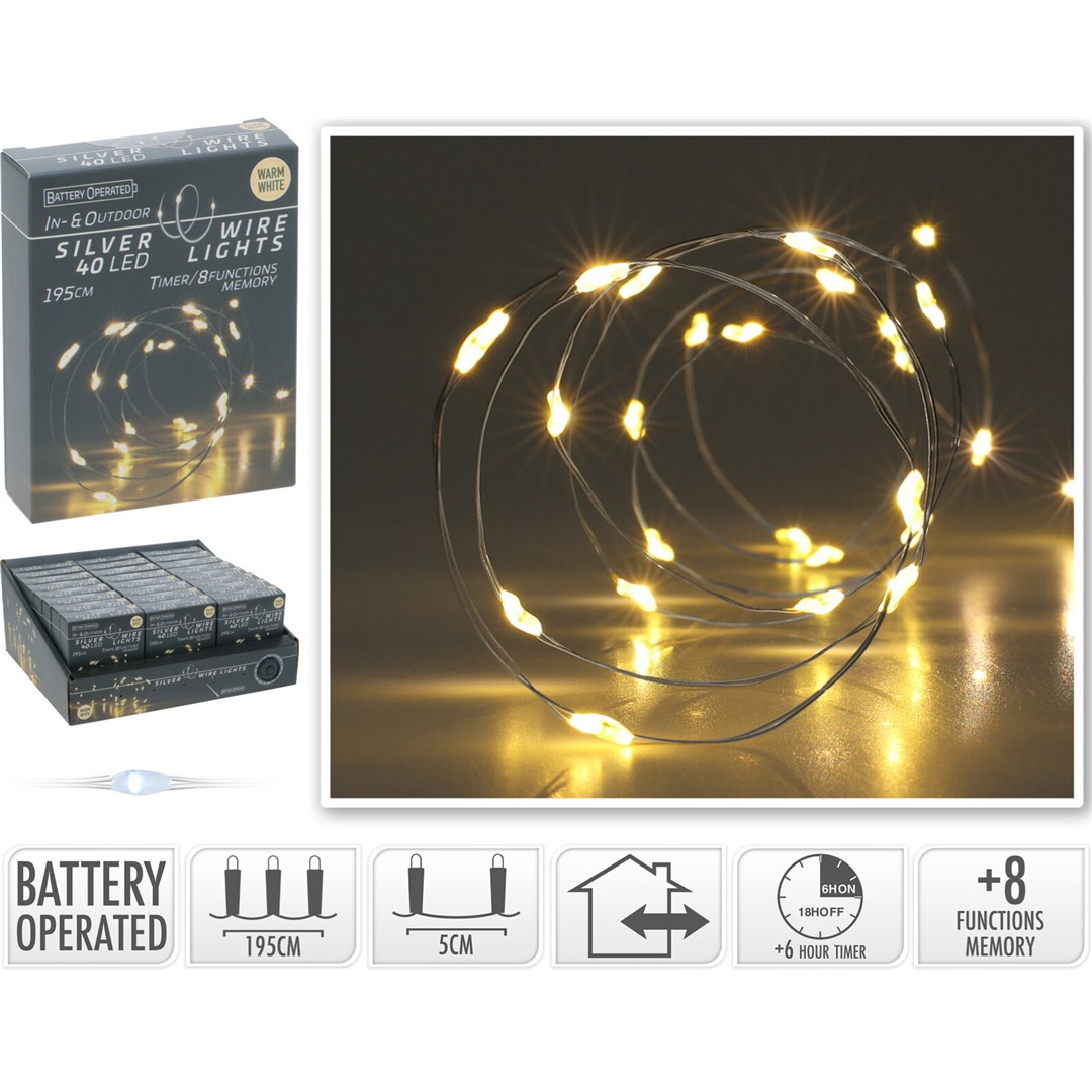 56658 8720573666268 AX973170 filo micro led a batteria da esterno 195cm bianco caldo con timer 40 luci di natale cavo argento ip44 8 giochi