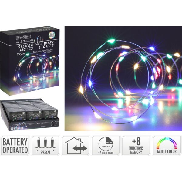 56673 8720573666473 AX9732730 filo micro led a batteria da esterno 795cm multicolor con timer 160 luci di natale cavo argento ip44 8 giochi