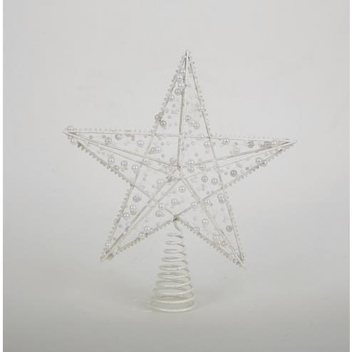 56910 8019959637085 PU-63708 PUNTALE PER ALBERO DI NATALE STELLA CON PERLINE CM.23X28,5H GLITTER BIANCO