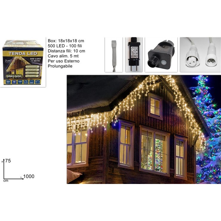 57169 8053482248844 248844 tenda prolungabile luci di natale da esterno 500 led flash cavo bianco l10mt con spina ip44 bianco caldo