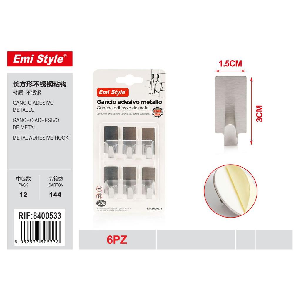 57239 8052533305338 8400533 GANCI ADESIVI IN METALLO 6PZ RETTANGOLARI