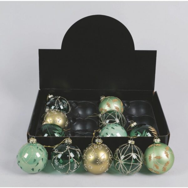 57335 8019959973022 VT-97302 palla natalizia di vetro trasparente ø80mm verde 6 decori satinato