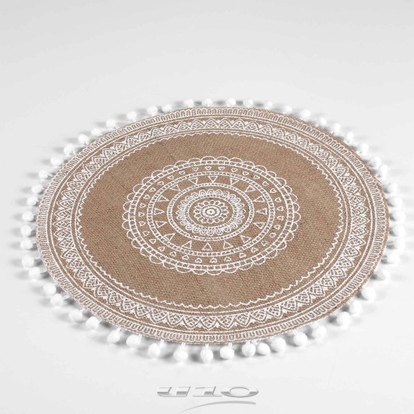 57504 3574387904024 1790402 L3C tovaglietta rotonda in juta ø38cm con pompom renata bianco
