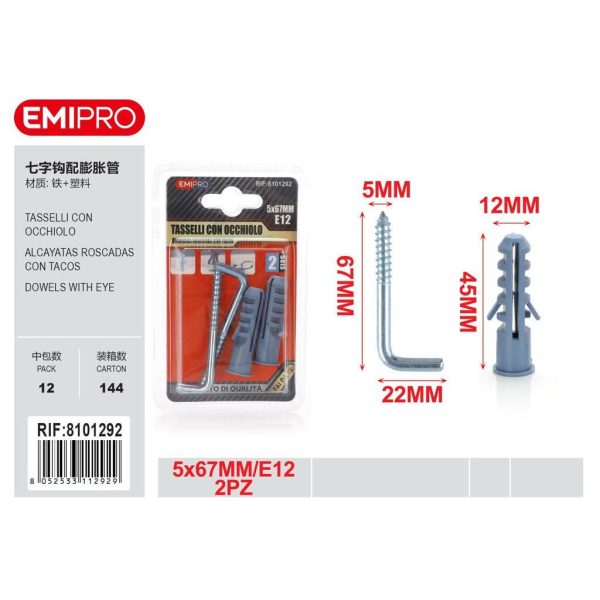 57746 8052533112929 8101292 EMI TASSELLO CON GANCIO 2PZ 5X67MM Ø12MM