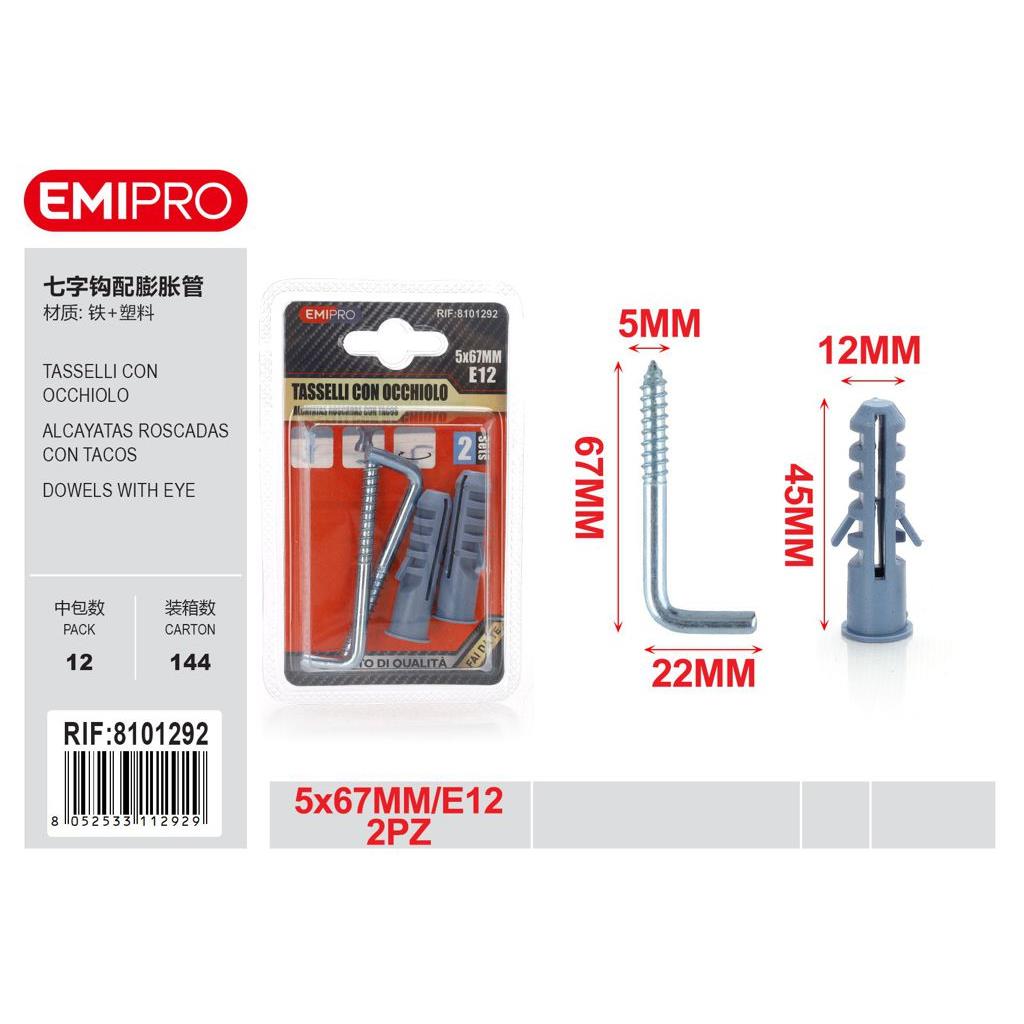 57746 8052533112929 8101292 EMI TASSELLO CON GANCIO 2PZ 5X67MM Ø12MM