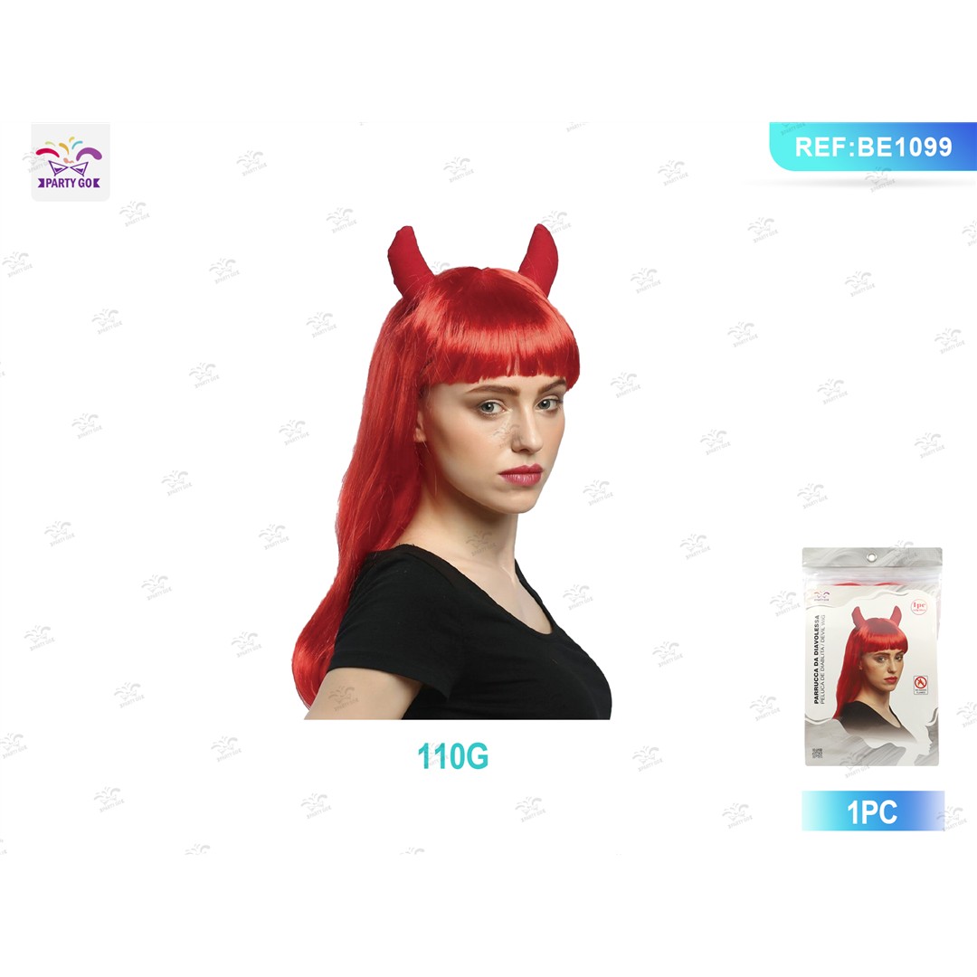 58589 8058617860991 BE1099 halloween parrucca lunga rossa con corna 45cm
