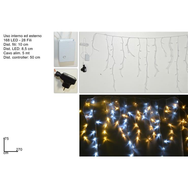 58759 8033113723322 MI005948D tenda luci di natale da esterno cascata 168 led cavo bianco l270 x h75cm &spina ip44 cavo 5m controller 5 giochi bicolor bianco caldo/freddo