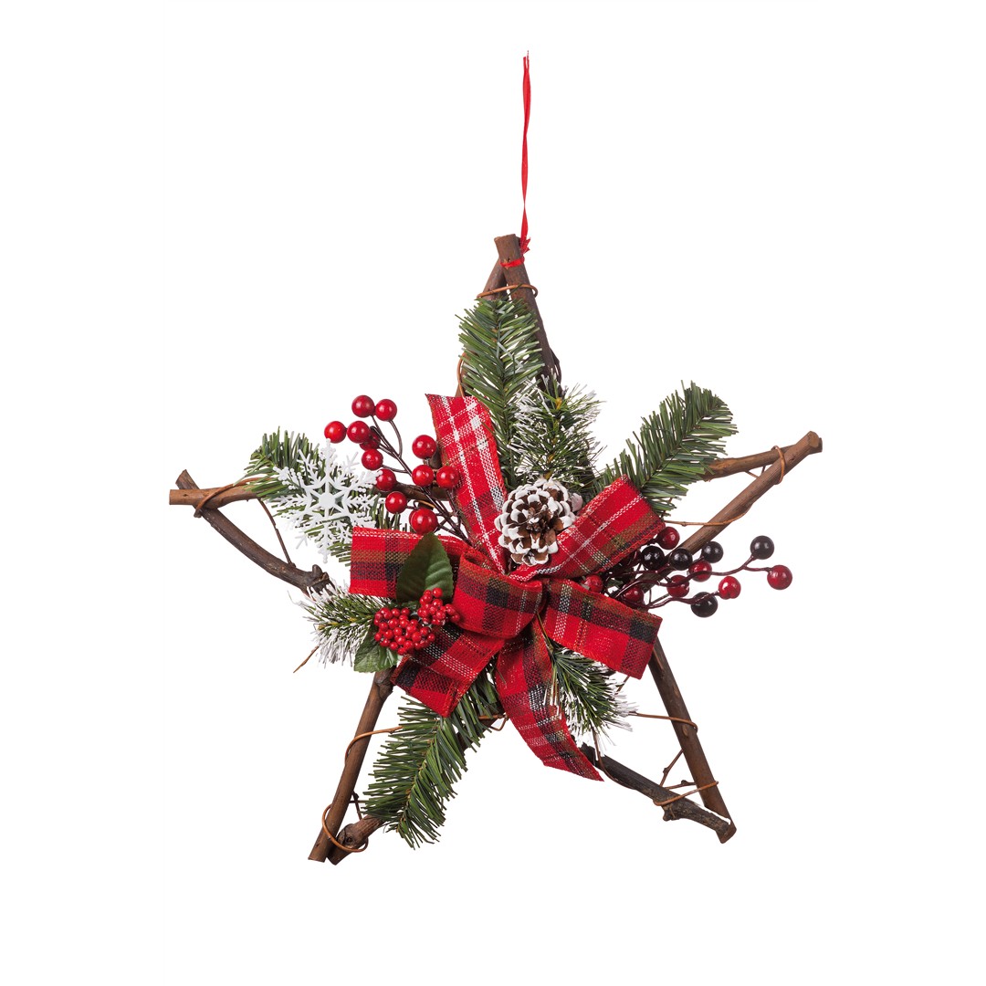59172 8021785633889 63388 STAR decoro natalizio per porta stella in legno con nastro ø40,5cm