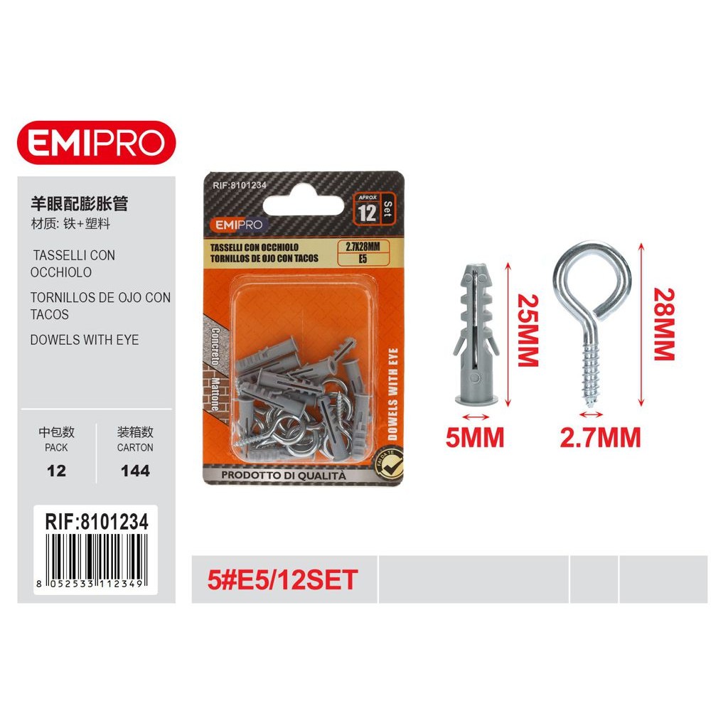 60680 8052533112349 8101234 EMI tassello con occhiolo ø5 mm 12 pz