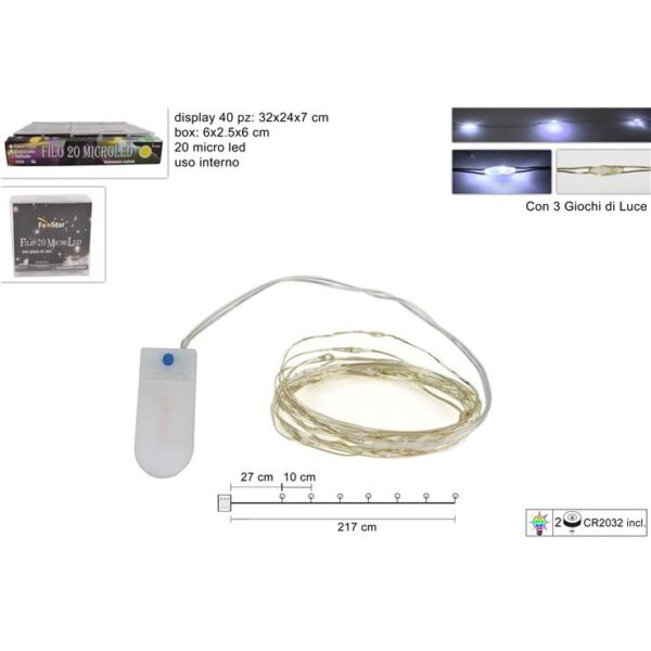 62433 8053482092928 AL005942 filo micro led a batteria da interno 190cm bianco freddo 20 luci di natale cavo argento 3 giochi inclusa cr2032