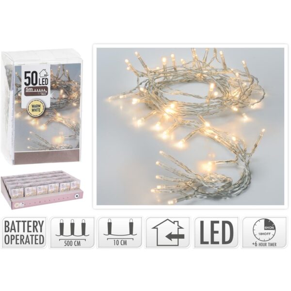 64209 8719202599701 AX9800660 CATENA LED A BATTERIA DA INTERNO 500CM BIANCO CALDO 50 LUCI DI NATALE CAVO BIANCO IP20