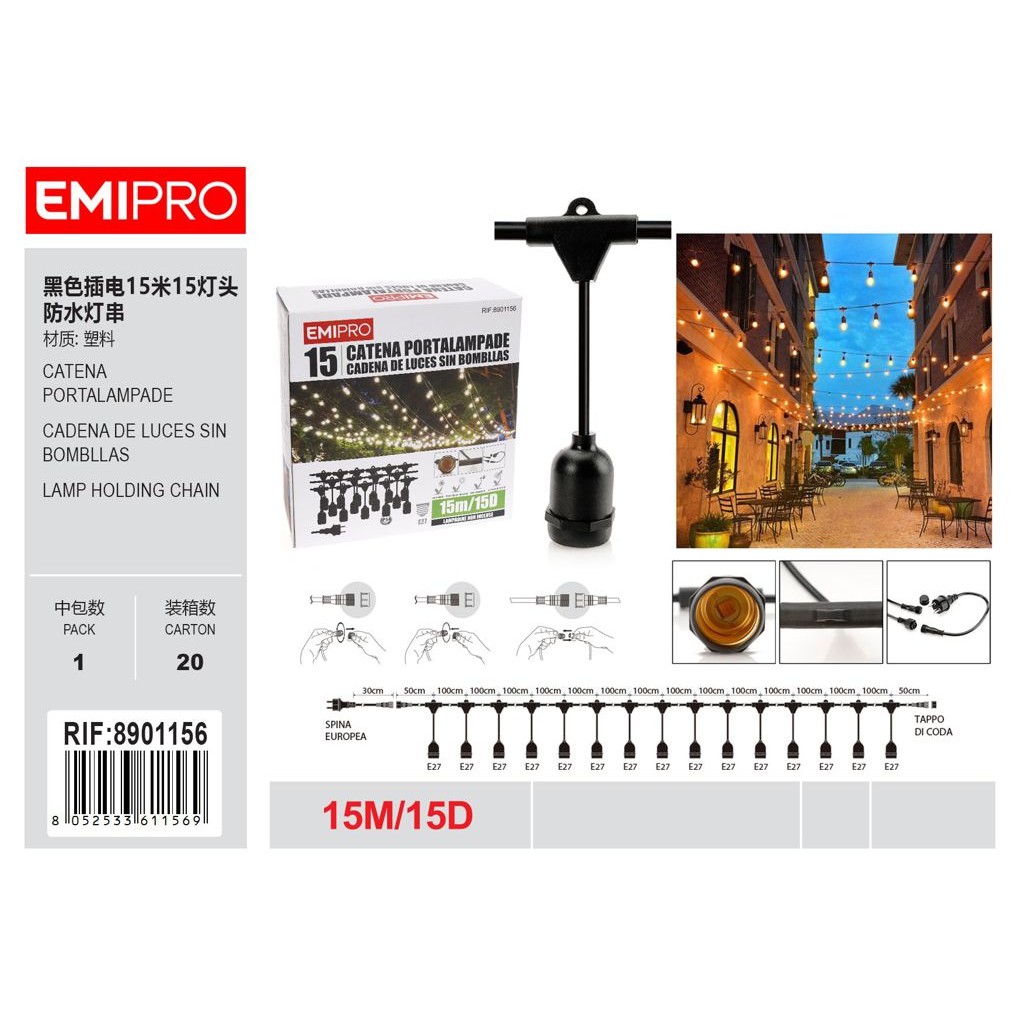 66188 8052533611569 8901156 EMI catena portalampade impermeabile 15mt nera prolungabile