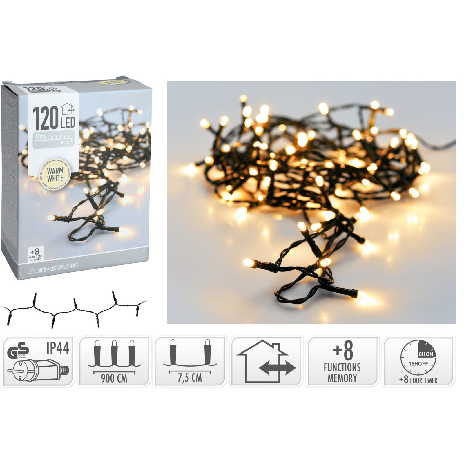 69503 8720573808149 AX8451120 catena led ax84 9m 120 luci di natale bianco caldo outdoor&indoor con spina ip44 cavo 5m verde 8 giochi
