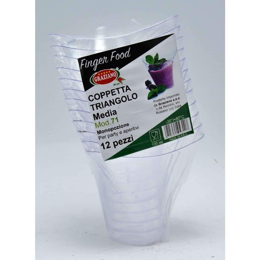 69504 8011684043117 MOD.71 finger food mod.71 coppetta triangolare media 12pz 100ml ø7,5 x h6cm