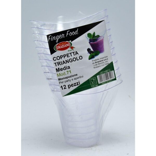 69504 8011684043117 MOD.71 FINGER FOOD MOD.71 COPPETTA TRIANGOLARE MEDIA 12PZ 100ML Ø7,5 X H6CM