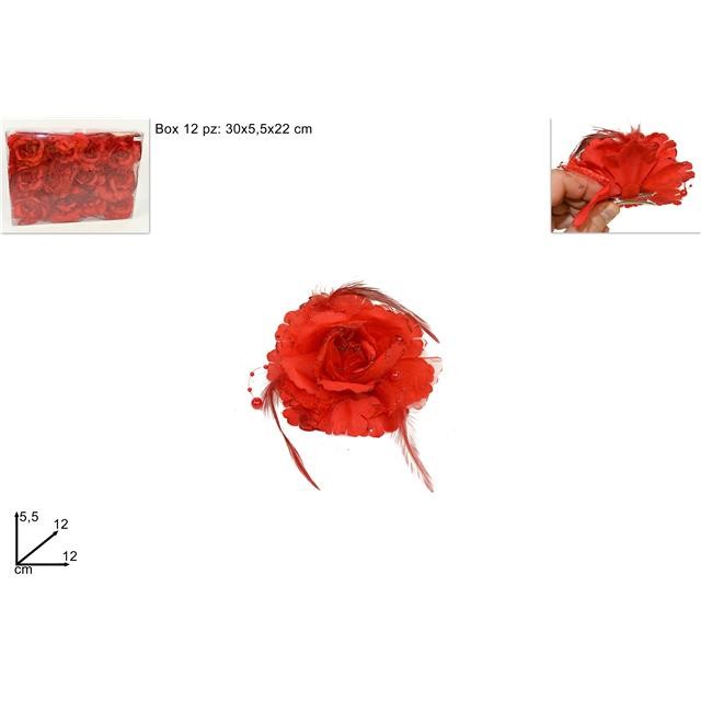 69609 8033113453571 GI006607 fiore decorativo pinzone rosa con piume e perle color rosso